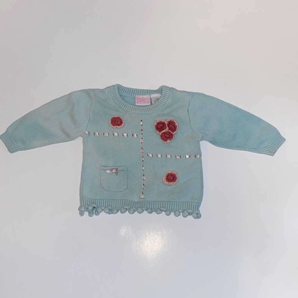 Baby Leg Light Blue Knit Sweater with Pink Flower Appliqués